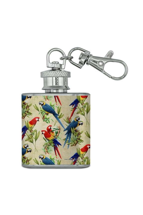 Macaws Parrots Jungle Rainforest Pattern Stainless Steel 1oz Mini Flask Key Chain