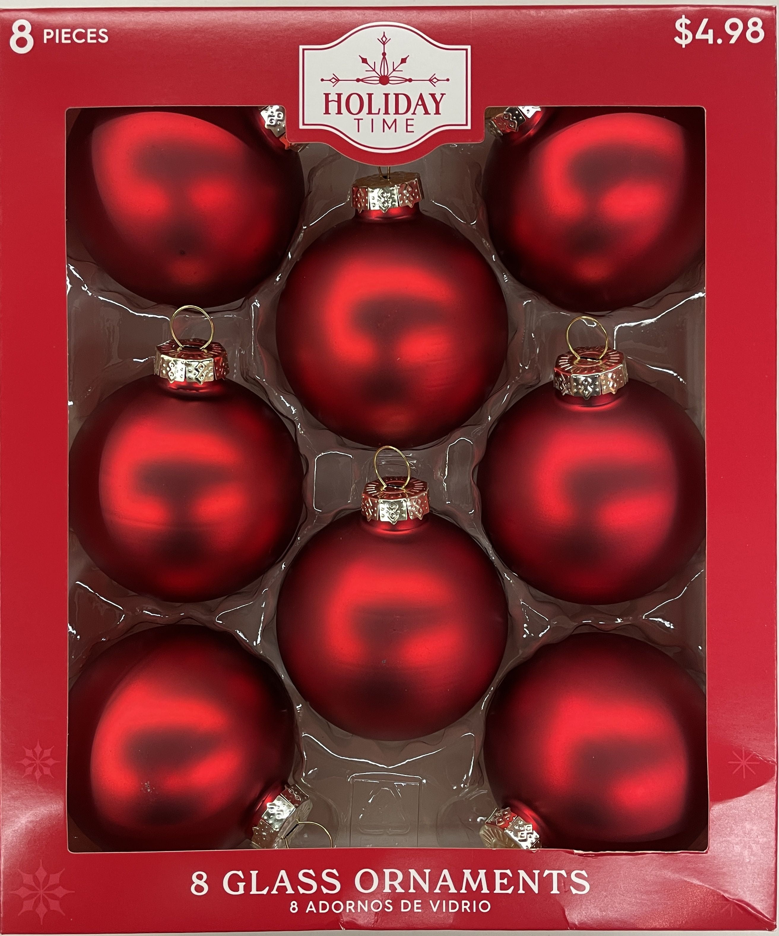 Holiday Time Solid Glass Ball Christmas Ornaments, 2 5/8" (67MM), 8 Count, Boxed Glass, Matte Red