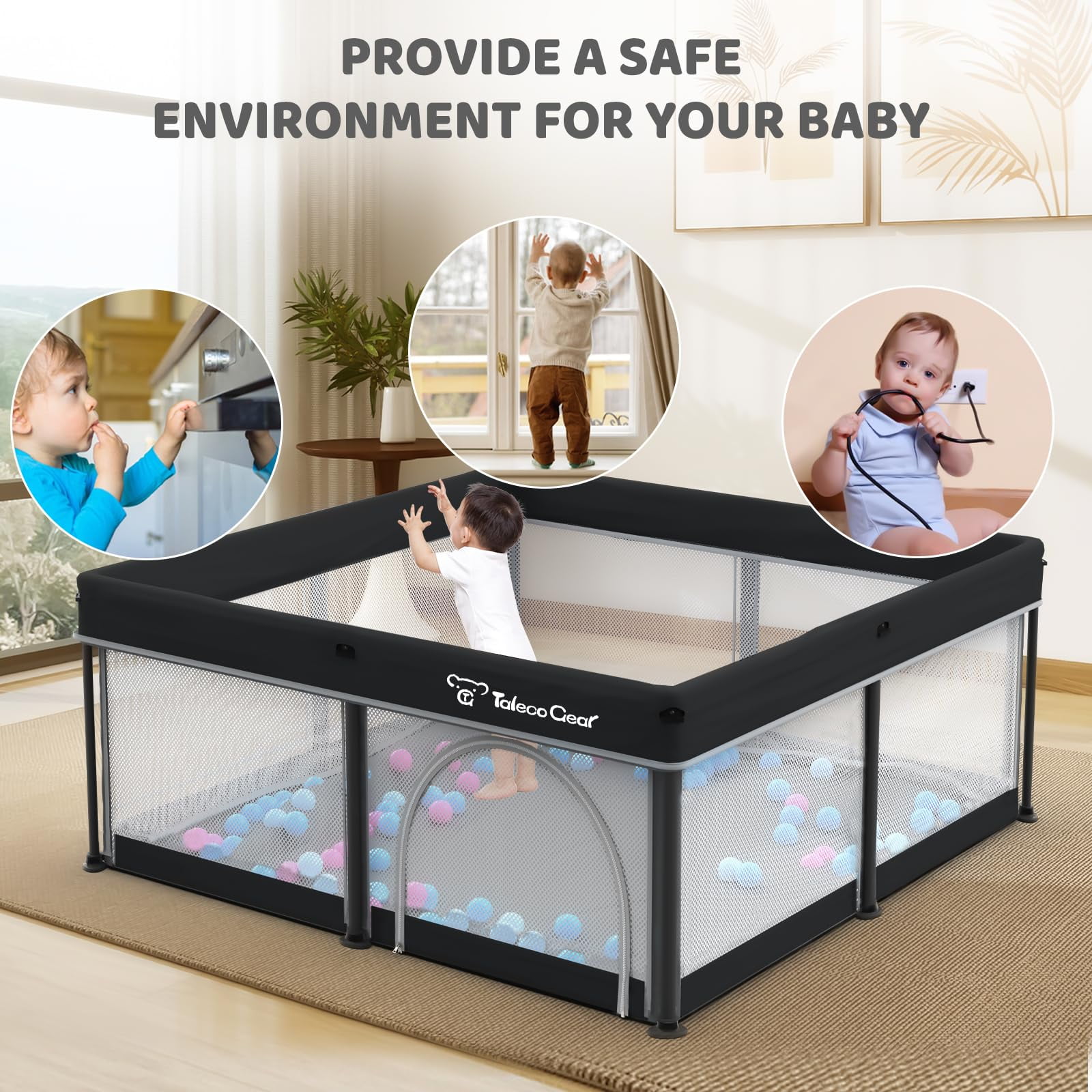 Foldable Baby Playpen with Mat, Collapsible Play Pen for Babies and Toddlers, Indoor & Outdoor Kids Safety Play Pen, Portable Play Yard with 50 Ocean Balls, 50"×50", Black