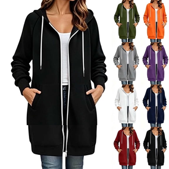 Women's Zip Up Hoodies Long Sleeve Long Tunic Sweatshirts Oversized | Long Fleece Jacket Coats, Drawstring, Zip Up Front, Kangaroo Pockets, Casual Outerwear, #01_Black, L