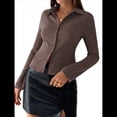 thumbnail image 1 of Camisa Corta A Rayas con Botones para Mujer, Blusa Ajustada de Larga, Camisa de Trabajo Color Café M, 1 of 9