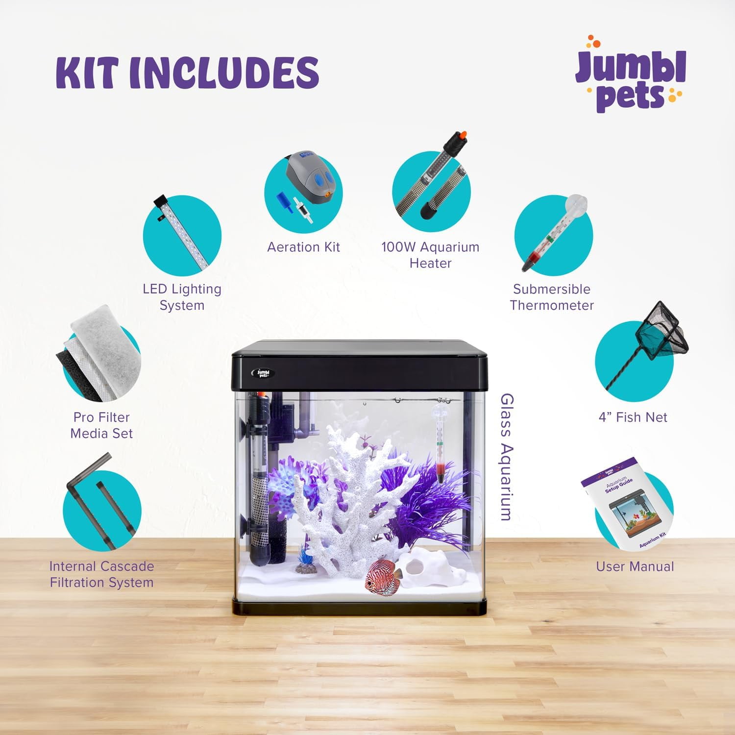JumblPets Premium Fish Aquarium Starter Kit, 7 Gallon Glass Tank with LED Lighting