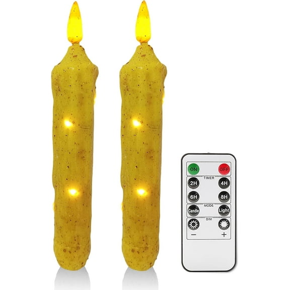 XINAOBAOLUO 6.5 Inches Hand Dipped Battery Operated Taper Candles Real Wax LED Flameless with Timer Remote Candles for Vintage Rustic Home Decor, Set of 2(Yellow)