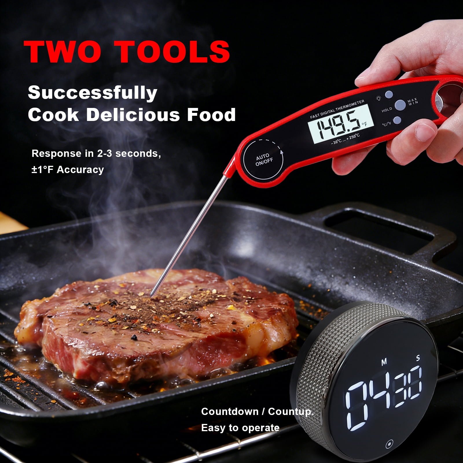 Digital Food Thermometer and Timer  with Backlight, LCD Display, Essential for Outdoor Barbecue, Used for Beef, Turkey, Lamb chops, Cooking