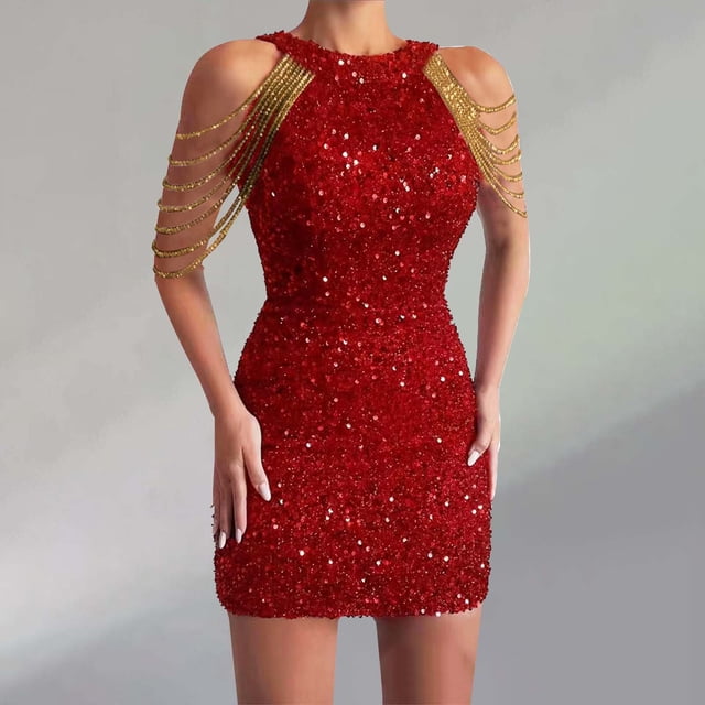 WILLBEST Robe Moulante à Paillettes pour Femme, Couleur Unie, Mode, Col, Aguichant, à Franges, pour Soirée