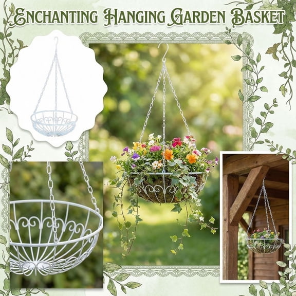 Iron Hanging Planter Basket, Farmhouse Style Wall-Mounted Hanging Flower Pot Holder, Wrought Iron Hanging Basket For Indoor Outdoor Garden Decoration, Metal Hanging Planter With