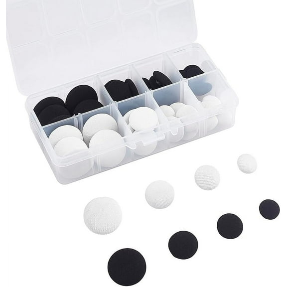 48pcs 4 Size Flatback Fabric Covered Button Black White Fabric Metal Shank Buttons Craft Buttons