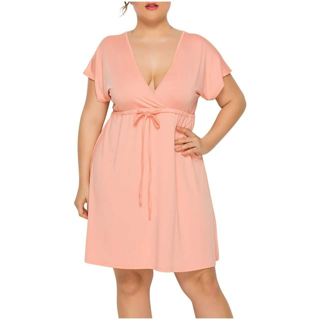 Vestido de Verano de Manga Corta para Mujeres de Verano Sexy de Tamaño Grande Vestido de Cuello en V de Color Sólido, Poliéster