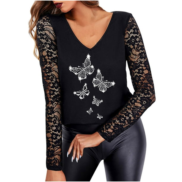 Moda mujer cuello en V ahueca hacia fuera encaje manga larga camiseta otoño blusa Tops Fridja hkj2382