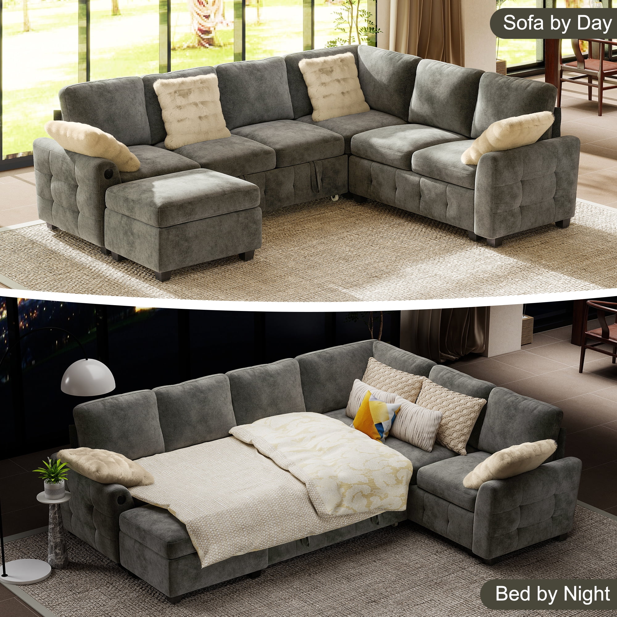 BedLuxury 106" Modular Sectional Sofa Bed with Pull Out Bed, Large Storage & USB Charging, Modern Sleeper Couch for Living Room, Chenille Gray
