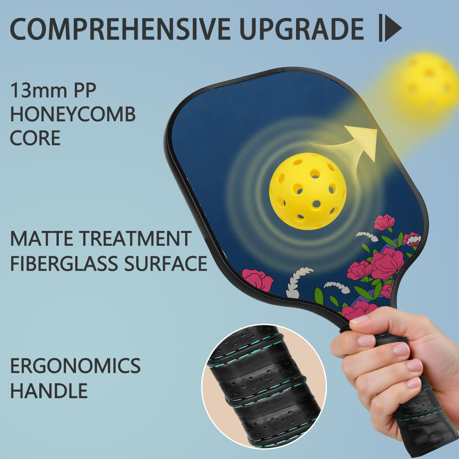 Pickleball Paddles Set Of 1, Fiberglass Surface, Vintage Floral Print, 1 Paddle, 2 Balls & Bag