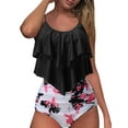 thumbnail image 3 of Seyurigaoka 2 Pcs Women’s Summer Tankini Set, Flower / Solid Color Ruffle Camisole + Printed High Waist Bikini Thong, 3 of 8