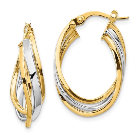 14K with Rhodium Polished Oval Hoop Earrings