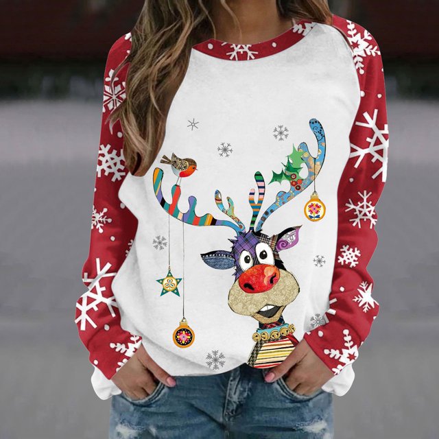 Chandails de Noël pour Femmes Grande Taille T-shirt Ample Imprimé de Mode pour Femmes avec un Graphique de Renne Festif à l'Avant. le Chandail à Col Rond Présente de Longues Manches Rouges avec des Motifs de Flocons de Neige Blancs, un Col Rond et une Coupe Décontractée. Fabriqué en polyester Léger, Il Est Idéal pour les occasions d'Hiver et de Printemps comme les Fêtes de Noël, les Sorties Décontractées Ou le Port Quotidien.