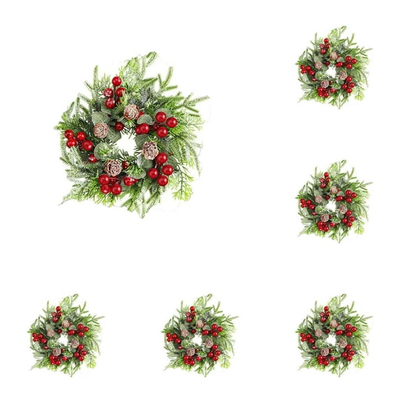 6pcs Christmas Candle Rings Artificial Snowy Pine and Berry Garland Wreath with Pinecones for Pillar Candle Holder Holiday Decor for Table Centerpiece Winter Wedding Home Decoration on Mantle Cabinet