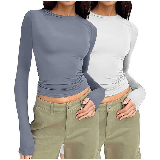Wancir - Camisetas de manga larga con cuello redondo de 2 piezas para mujer, camisetas ajustadas, camisetas de cuello ajustado, camisetas básicas