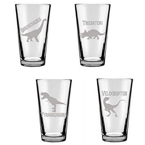 Jurassic Dinosaur Drinking Glass Set of 4 Engraved 16 Ounce Glasses, Dinosaur Gift for Adults, Dinosaur Housewarming Gift, Dinosaur Parties