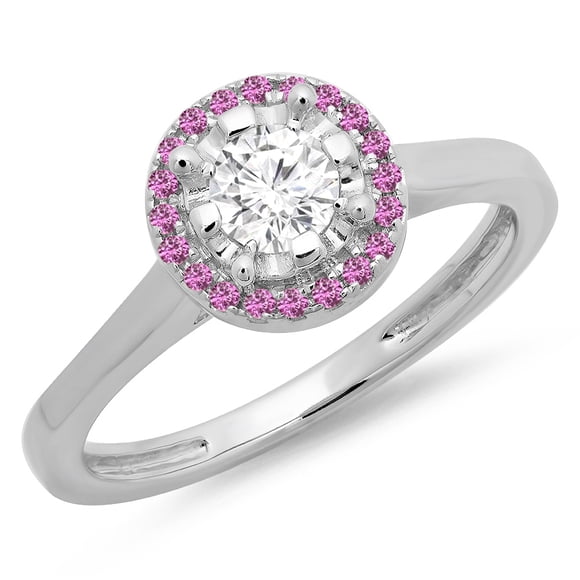 Dazzlingrock Collection 14K Round Pink Sapphire & White Diamond Bridal Halo Style Engagement Ring, White Gold, Size 7.5
