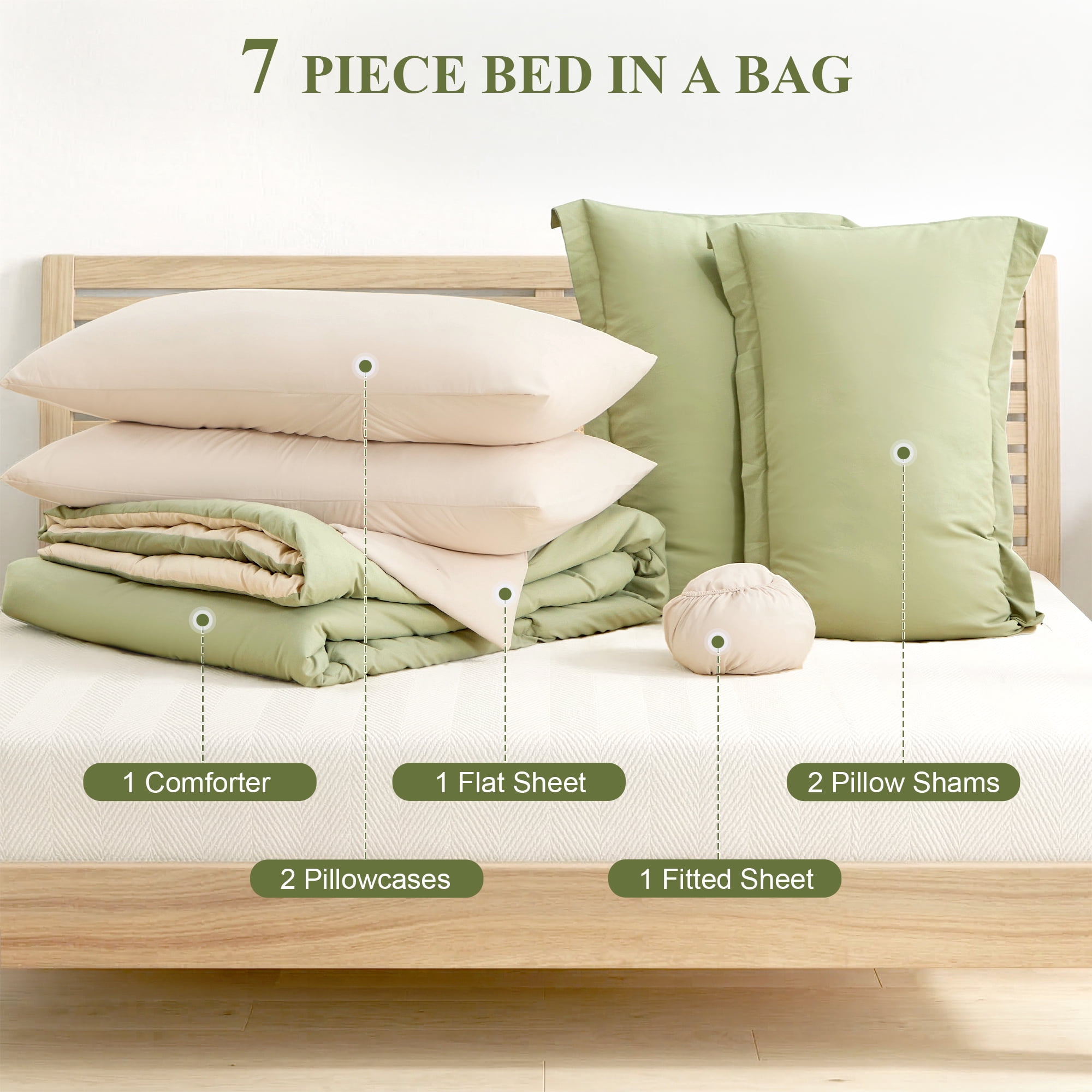 BDEUS 7 Pieces Comforter Set Full，Bed in A bag，All Seasons Bedding sets with Comforter,Fitted Sheet,Flat Sheet,Pillowcases & Shames，Sage green