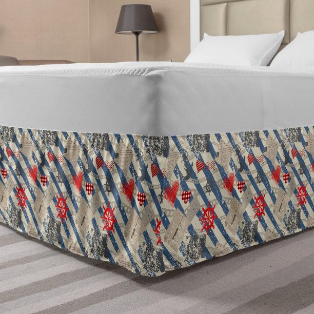 Nautical Bed Skirt, Sea Graphic with Grunge Distressed Diagonal Forms and Stripes Marine