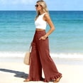 thumbnail image 4 of Lumtrix Linen Pants Women Wide Leg Ruffle Hem Palazzo Pants Elastic High Waisted Flowy Beach Vacation Trousers with Pockets Red XL, 4 of 5