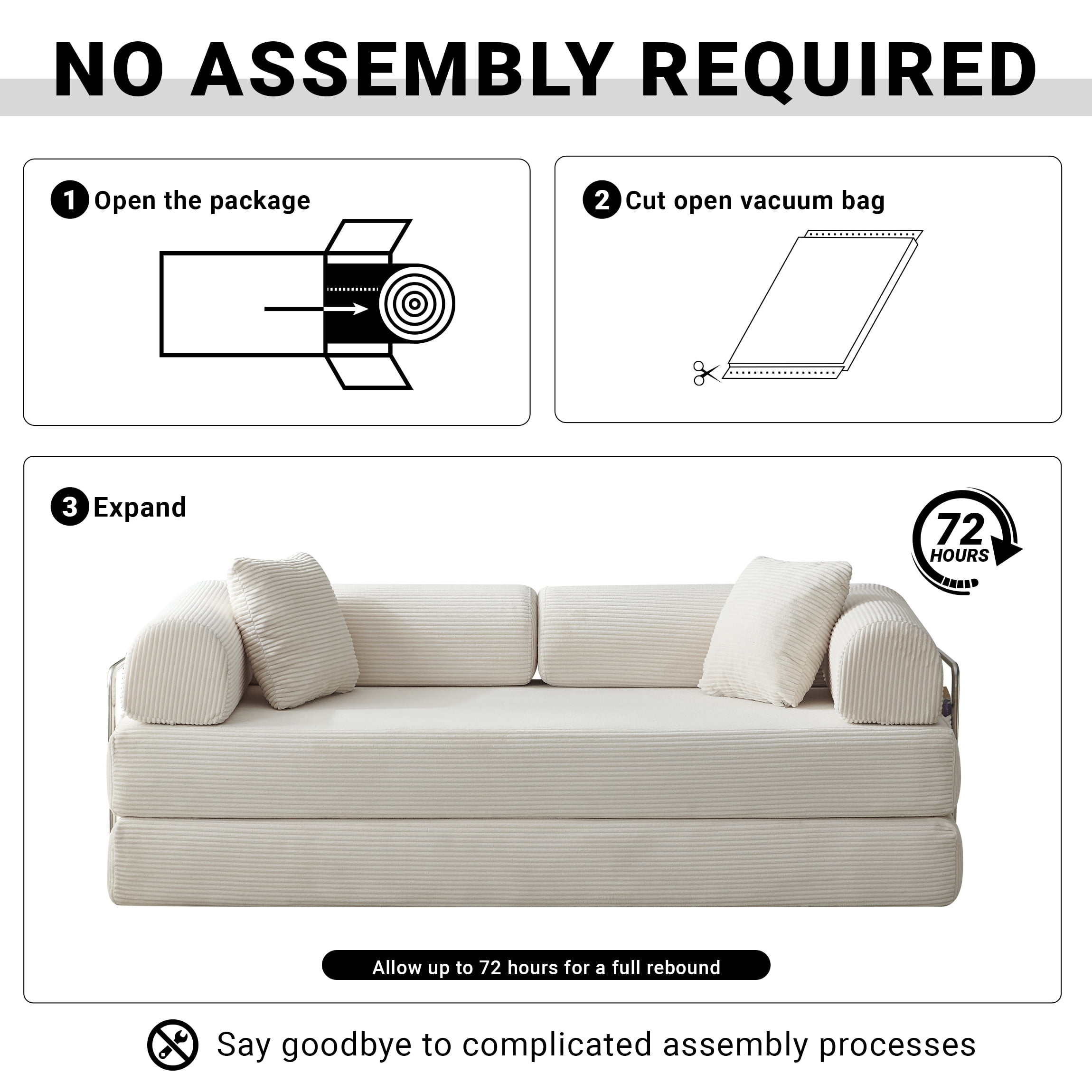 Vanress 78" Convertible Sofa Bed, Folding Sleeper Sofa Couch Bed with Fixed-Shape Frame, Pull-Out Sleeper Loveseat, Corduroy Boneless Futon Bed, No Assembly Required for Living Room & Bedroom, White