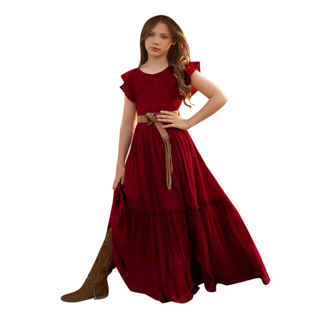 Ketyyh-chn99 Robes d'Été Cadeau Robe Fille Bretelle Robe Sans Manches 1 Pcs Été Manches Longues Robe Courte Bordeaux,7-8 Ans