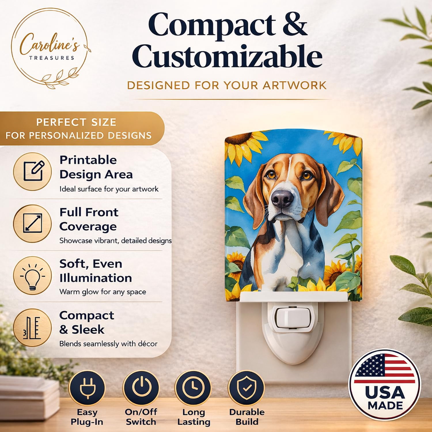 Foxhound in Sunflowers Ceramic Night Light 4 in x 6 in