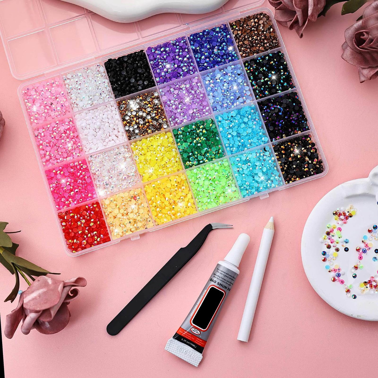 10000Pcs Resin Jelly Rhinestones – 3mm Flatback Gems for Bedazzling, Color-Changing Coating, with Tweezers & Jewelry Glue for Nail Art, Diamond Art, Crafts