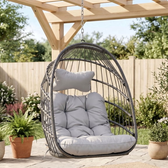 RADIATA Patio Hanging Egg Chair Without Stand, 5" Cushion 3-Second Folding Wicker Outdoor Swing Chair No Stand Tree or Ceiling Hanging for Garden, Porch, Balcony,350 lb, Light Gray