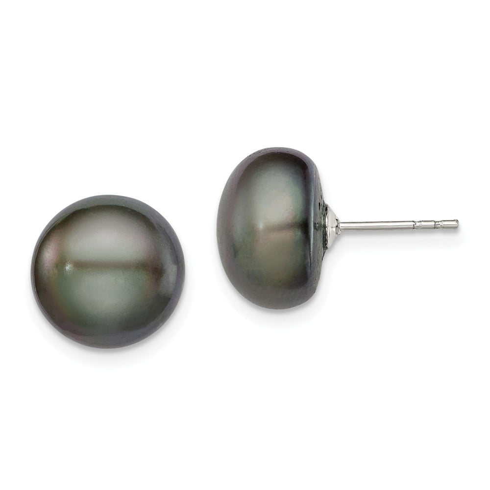 925 Sterling Silver Rh-plated 11-12mm Black FWC Button Pearl Earrings; for  Adults and Teens; for Women and Men 