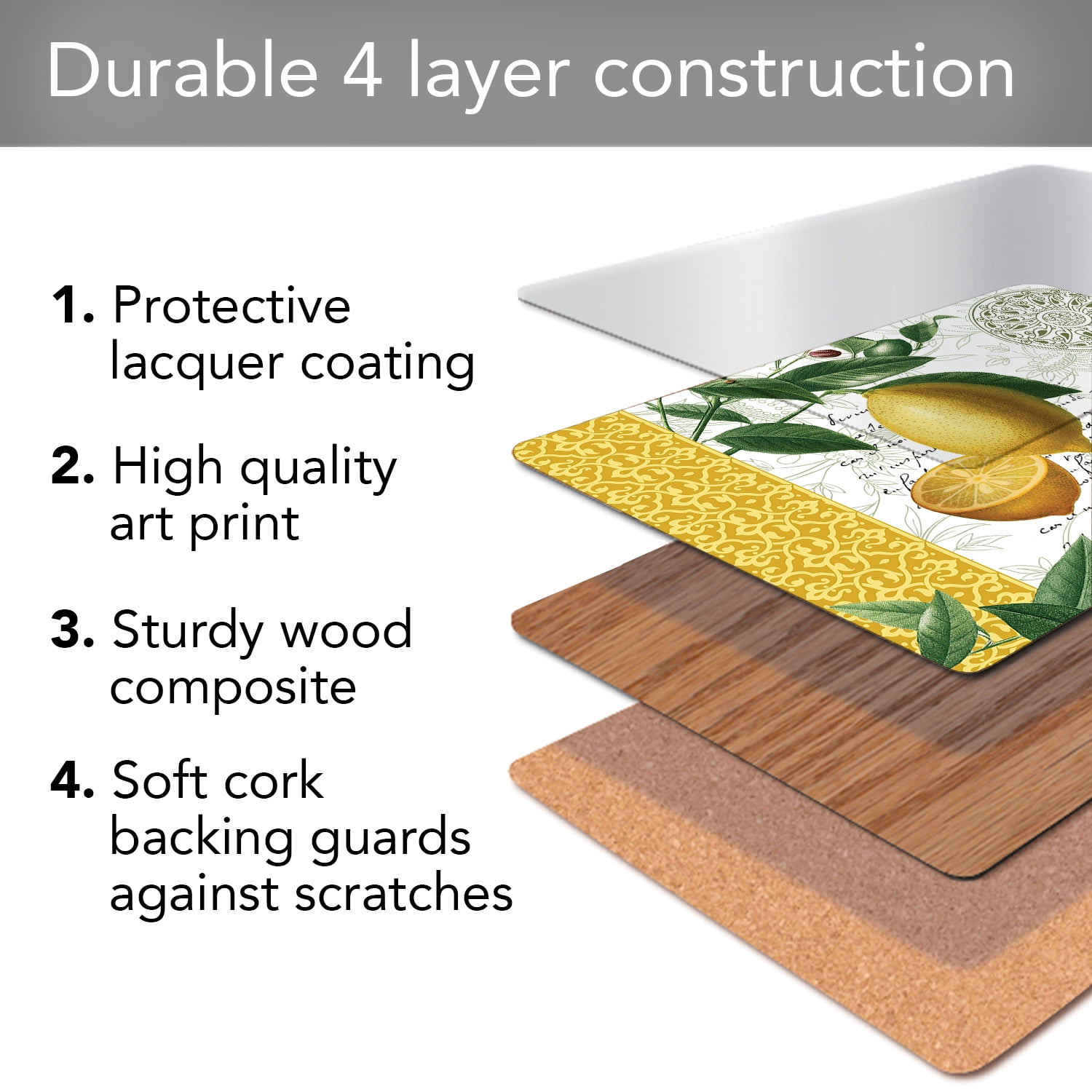 Cala Home "Citron" Premium Decorative Hardboard Cork Back Tabletop Placemats 4 Pack