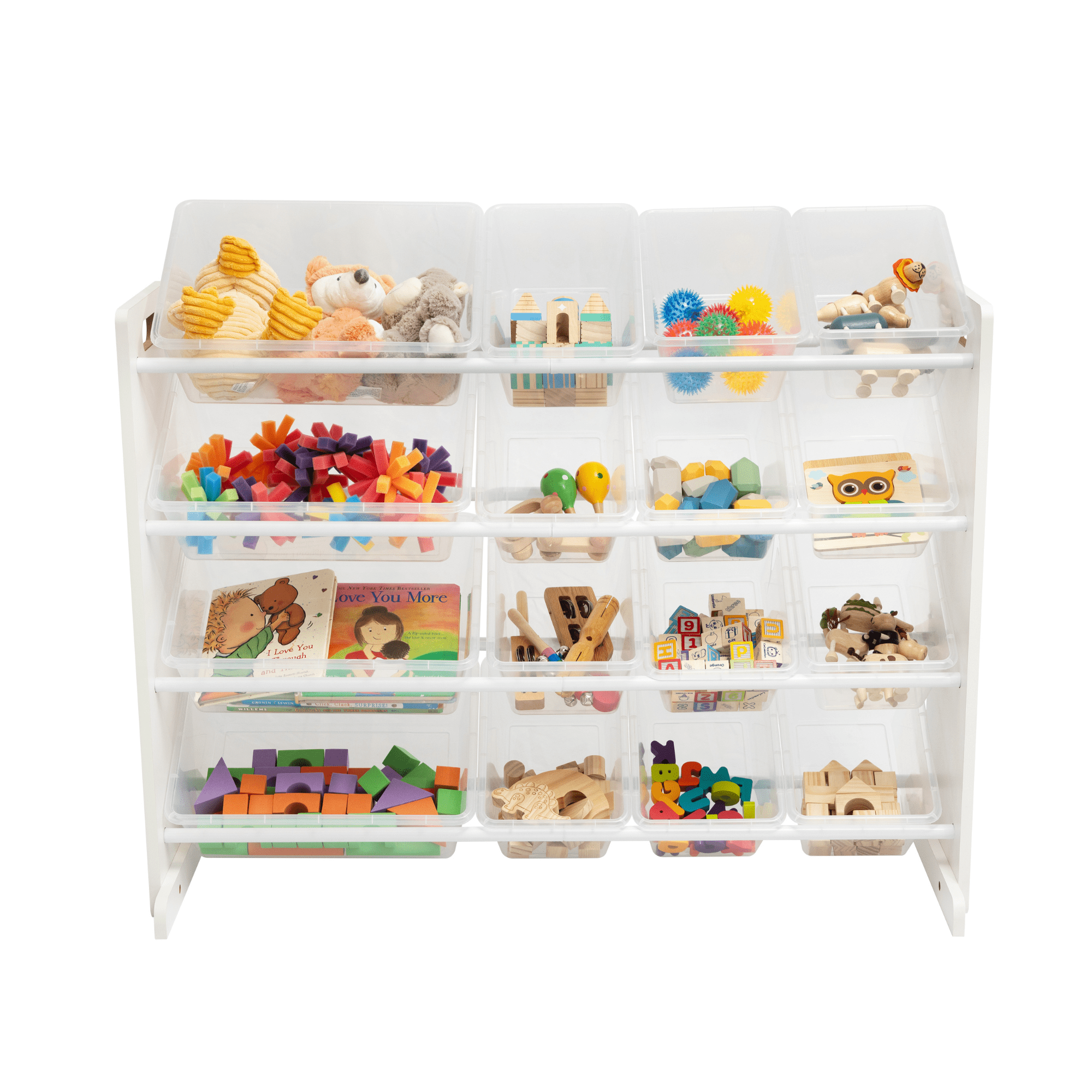 Humble Crew Kids Supersized Toy Storage Organizer with 16 Plastic Storage Bins, Transparent White