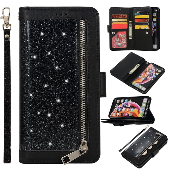 Zipper Wallet Case for iPhone Xr 6.1-inch, Allytech Bling Glitter Leather Case with 9 Credit Card Holder Flip Magnetic Closure Stand Cover with Cash Pocket and Hand Strap, Black