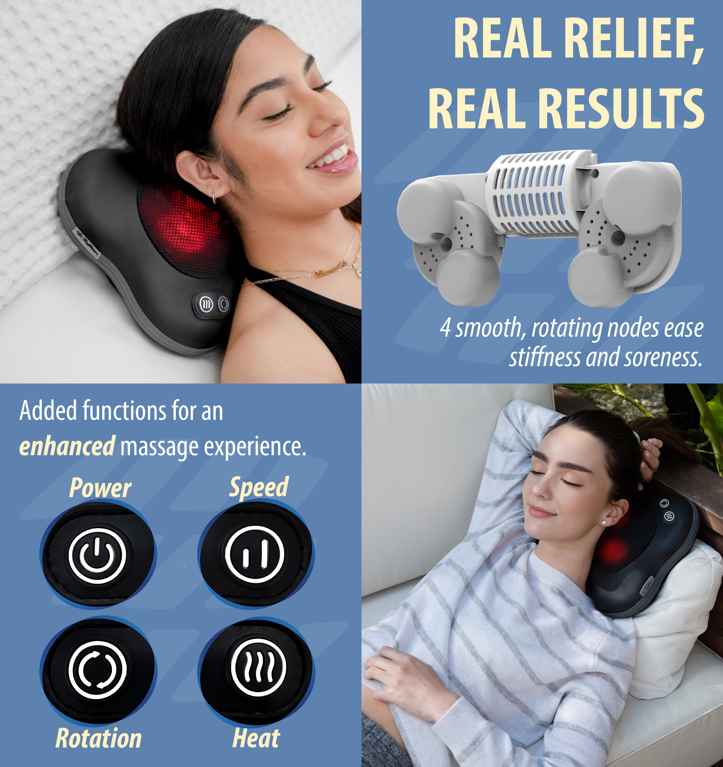 Zyllion Shiatsu Back & Neck Massager 3D Kneading 2-Speed Massage Pillow with Heat for Muscle Pain, Black