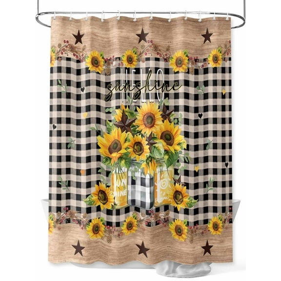 Fsddascl Sunflower Shower Curtain Set - 72" x 78" Washable Bathtub Curtain with 12 Hooks, Black White Plaid Farmhouse Stars Waterproof Fabric Stall Shower Curtains for Bathroom/Bathtub Décor