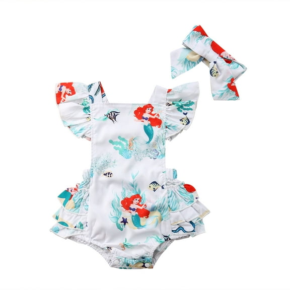 Musuos Baby Girls Summer Romper with Hair Band, 6 12 18 24M Mermaid Printed Ruffle Sleeve Hollow Back Button Closure Jumpsuit