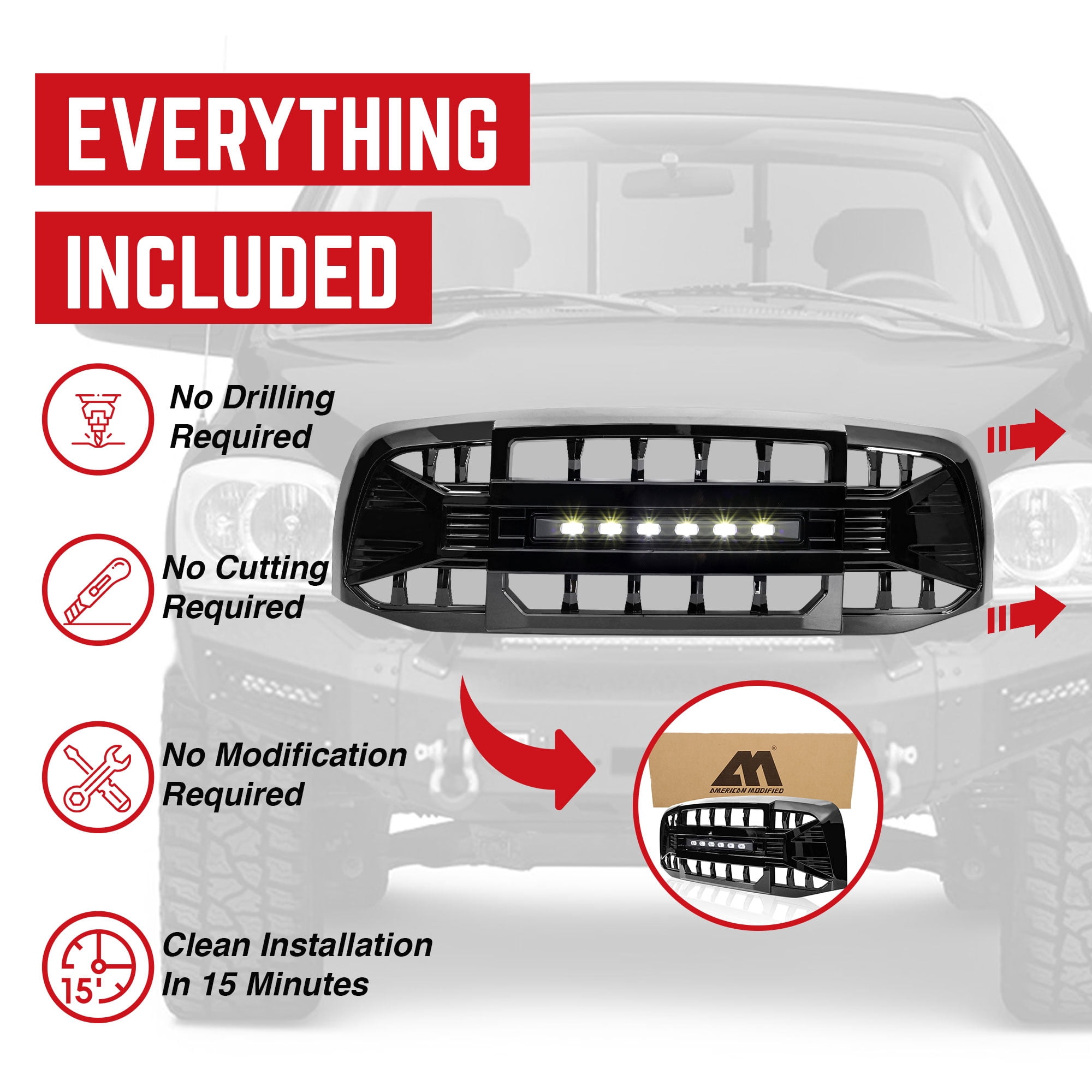 AMERICAN MODIFIED Armor Grille for 2006-2008 Dodge Ram 1500, Glossy Black