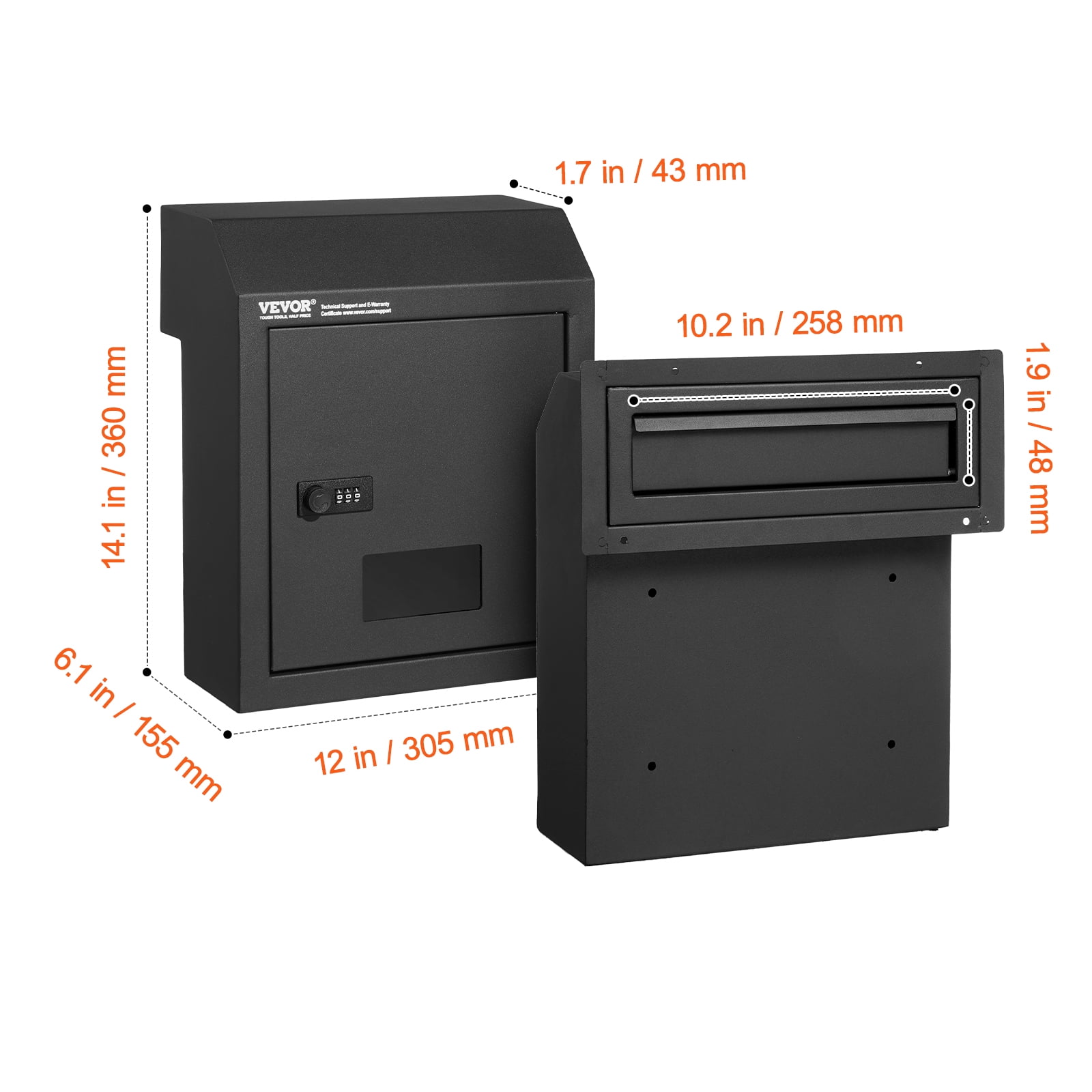 VEVOR Through The Door Key Drop Box, Heavy Duty Steel Through the Door Mailbox with 12" Combination Lock, Mail Drop Box, Black