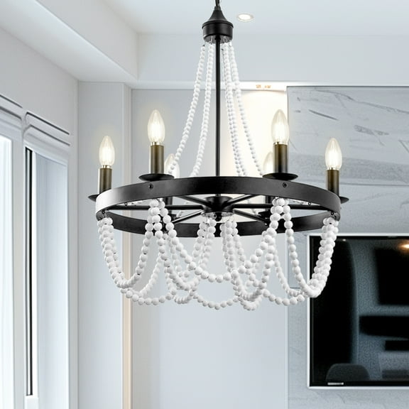 Briignite 6-Light Chandelier With Boho Pedant Wood Beaded Fixture for Bedroom, Kitchen Island, Foyer ,Ceiling Lamp Black