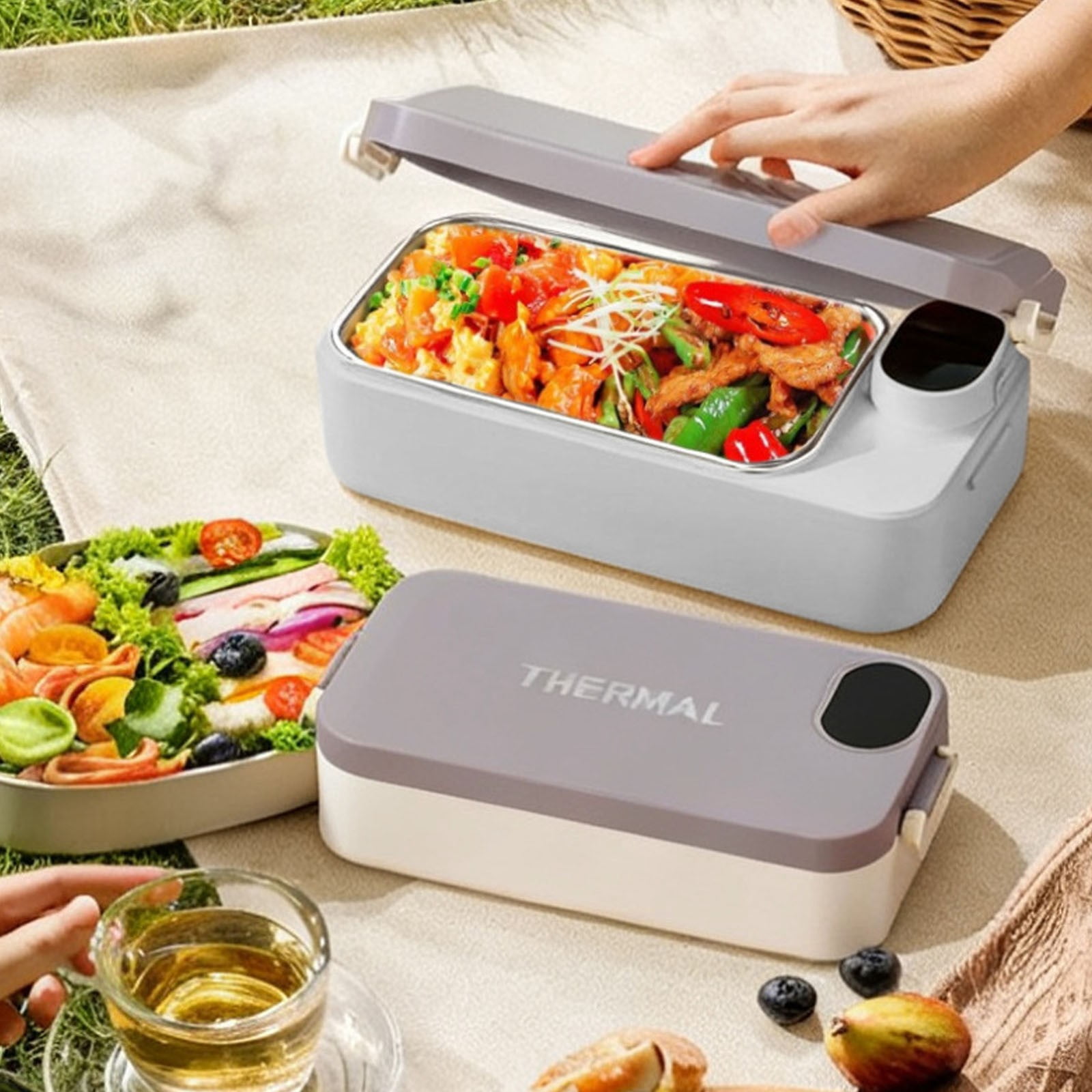 Goowood Heated Lunch Box 7200mAh Rechargeable Lunch Box With Stainless Container Adjustable Temperature Display Heating Lunchbox Portable Warmer