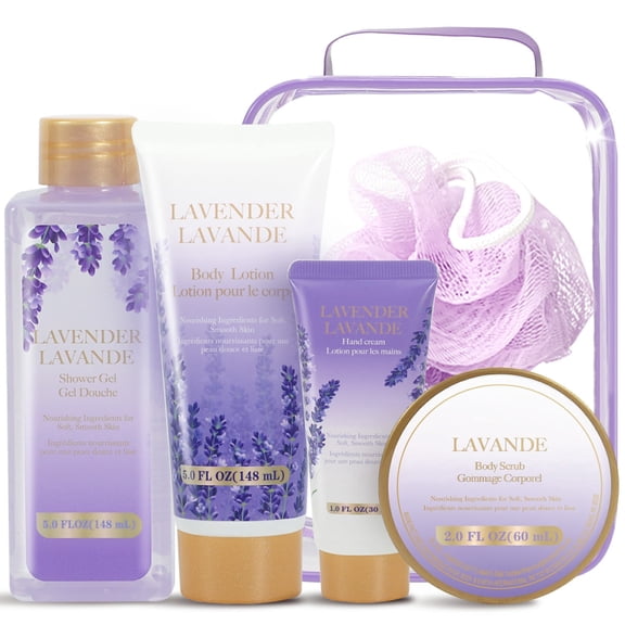 Christmas Spa Gift Set for Women, Lavender 6Pcs Bath Basket with Toiletry Bag Birthday Body Care Set for Her, Daughter