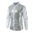 thumbnail image 2 of Fashion YLSDY Men's Shiny Metallic Sequin Long Sleeve Button Down Shirts for Halloween Cosplay Party Trendy Performance Costume Sequin Shirt White XXL, 2 of 7