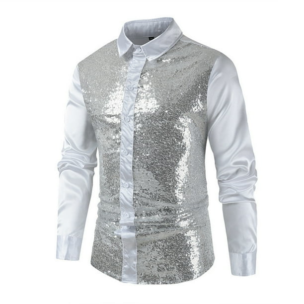 Blusa y camisa de manga larga con cuello vuelto para hombre, moderna camisa de lentejuelas para espectáculos, moderna camisa de manga larga con cuello vuelto brillante y abrigo de poliéster para hombr
