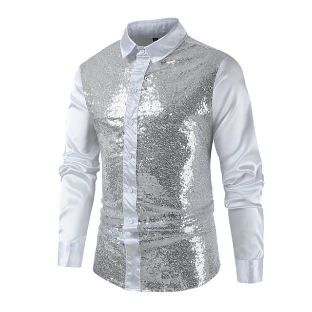 pstuiky Camisas para hombre de manga larga, Camisa de lentejuelas de moda para hombre, con cuello vuelto brillante y manga larga. Tops de hombre m