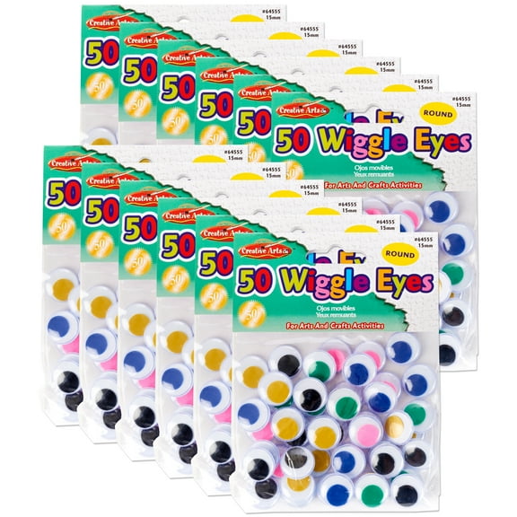 Charles Leonard Round Wiggle Eyes, 15mm, Assorted, 50 Per Pack, 12 Packs