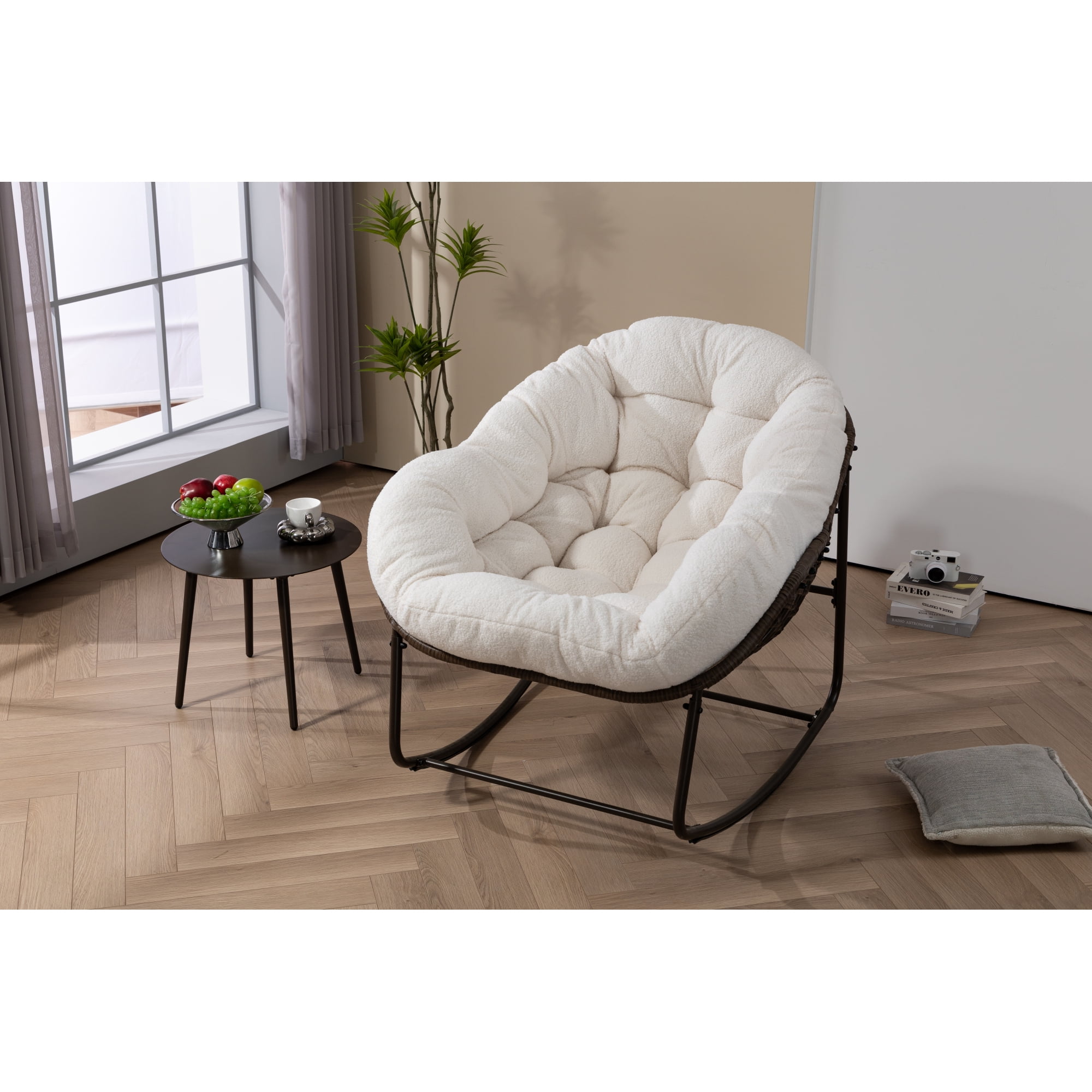 Leumius Outdoor Rattan Rocking Chair, Padded Cushion Rocker Recliner Chair Outdoor for Front Porch Living Room Patio Garden, Ancient White