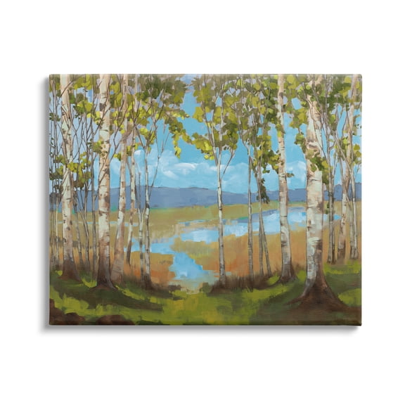 Stupell Industries Lake & Birch Tree Landscape Nature Painting Gallery Wrapped Canvas Print Wall Art, 20 x 16