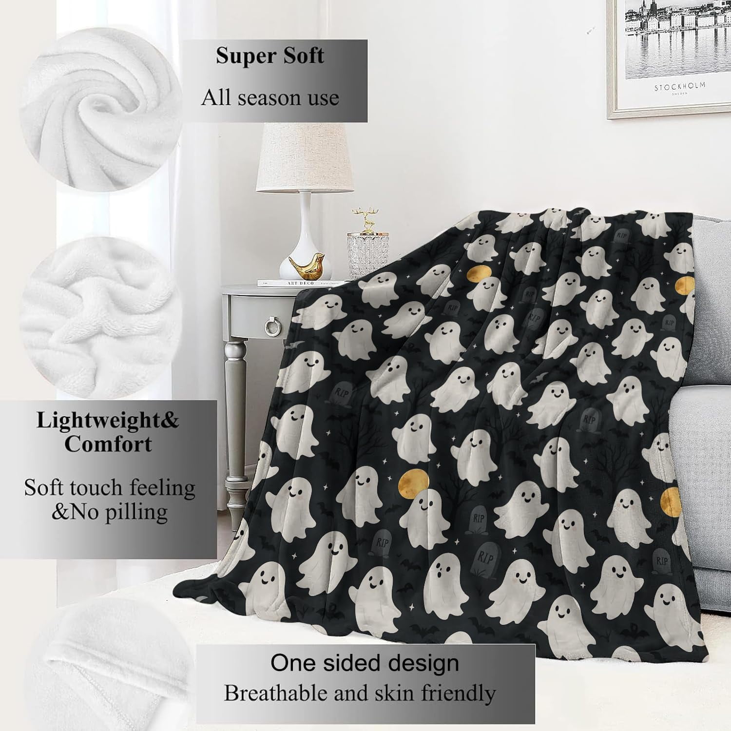 Cute Ghost Blanket Halloween Fall Holiday Decor Gothic White Spirit Witch Throw Gifts for Kids Lightweight Soft Fleece Moon Bat Witchy Blankets for Horror Spooky Goth Decoration 50x60in