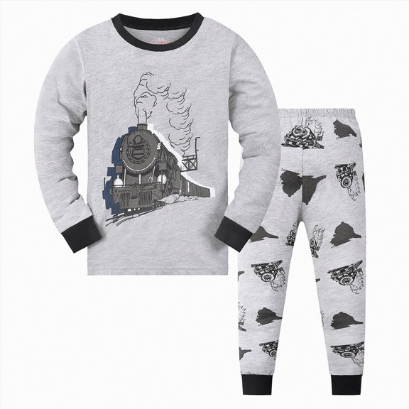 kmaduk Little Boys Pajamas for Toddler Clothes Set Train Sleepwear Long Sleeve 100% Cotton 2 Piece Kids Pjs Size 1-10 Years (Grey, 5-6 Years)